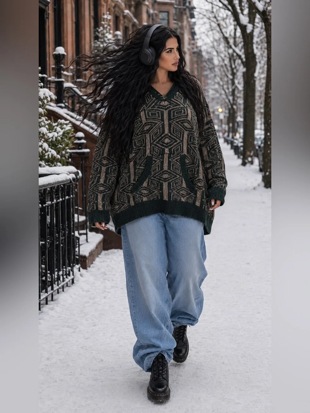Free People Aztec Print Hoodie Sweater Moss Green Cream Oversized M